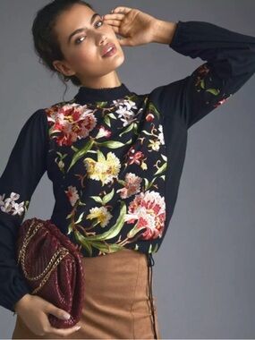 Anthropologie Black Floral Embroidered Mock Neck Blouse